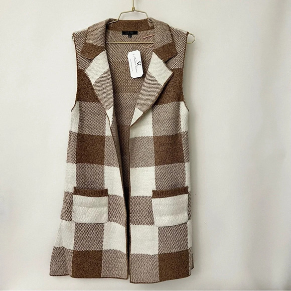 Love Tree Open Front Plaid Long Cardigan Vest Heather Khaki Brown With Pockets - Picture 1 of 10